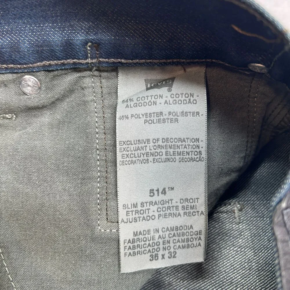 Levi's 514 Jeans Mens 34x32 (Tag 36x32) Slim Straight‎ Fit Dark Wash Denim